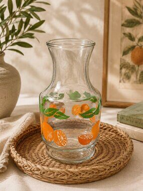 Vintage 1987 ANCHOR HOCKING Orange Juice Green Leaves Glass Pitcher | 9"